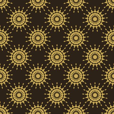 Siyah arka planda dekoratif altın süslemesi olan güzel bir arka plan deseni. Kumaş doku örneği, dikişsiz duvar kağıdı. Vektör illüstrasyonu