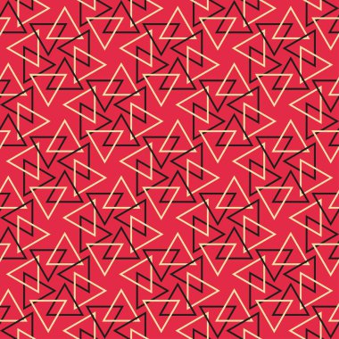 Kırmızı arka planda soyut geometrik süslemeleri olan modaya uygun bir arka plan modeli. Kumaş doku örneği, dikişsiz duvar kağıdı. Vektör illüstrasyonu