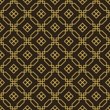 Tasarım projeleriniz için siyah zemin üzerinde altın geometrik süslemeleri olan modern arkaplan resmi, pürüzsüz desenler, düz dizaynlı duvar kağıdı dokuları. Vektör illüstrasyonu