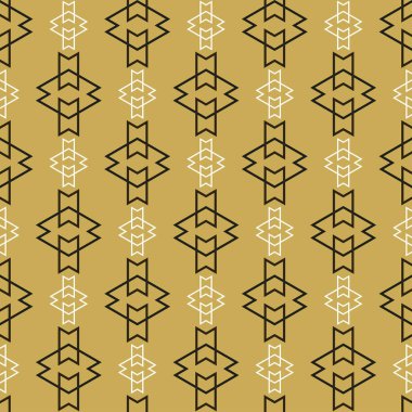 Altın zemin üzerinde modaya uygun geometrik desenleri olan modern arkaplan resmi. Kumaş doku örneği, dikişsiz duvar kağıdı. Vektör illüstrasyonu