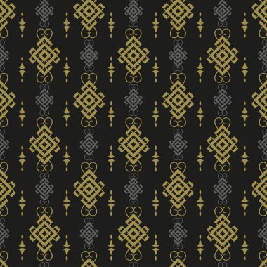 Siyah zemin üzerinde geometrik elementler olan güzel arkaplan resimleri. Kumaş doku örneği, dikişsiz duvar kağıdı. Vektör illüstrasyonu