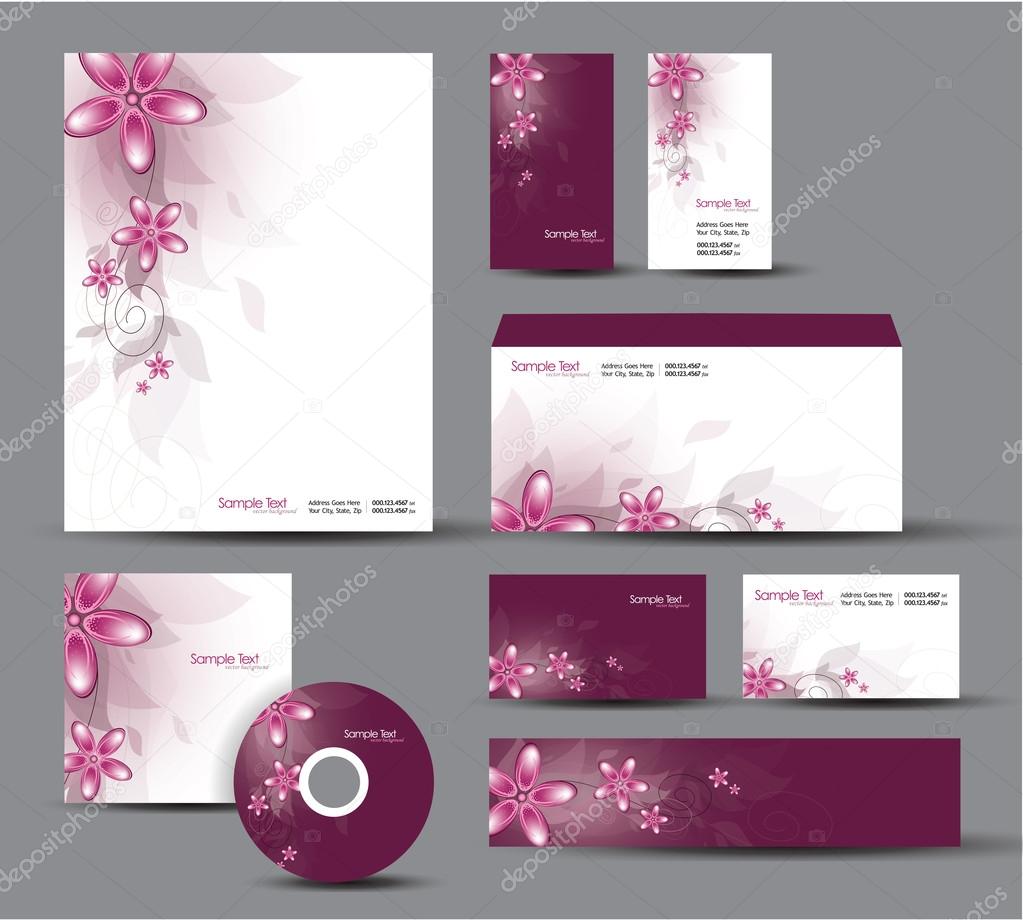 Modern Identity Package. Vector Design. Letterhead, business cards, cd, dvd, envelope, banner, header. Floral Theme.