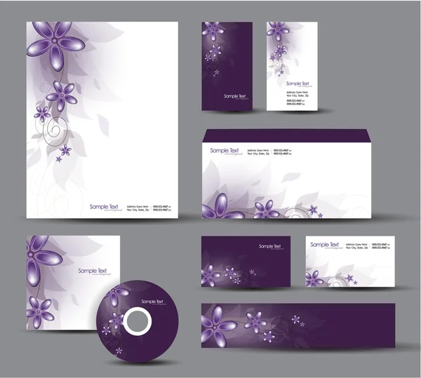 Moderne identiteit pakket. vector ontwerp. briefpapier, visitekaartjes, cd, dvd, envelop, banner, kop. Floral thema. — Stockvector