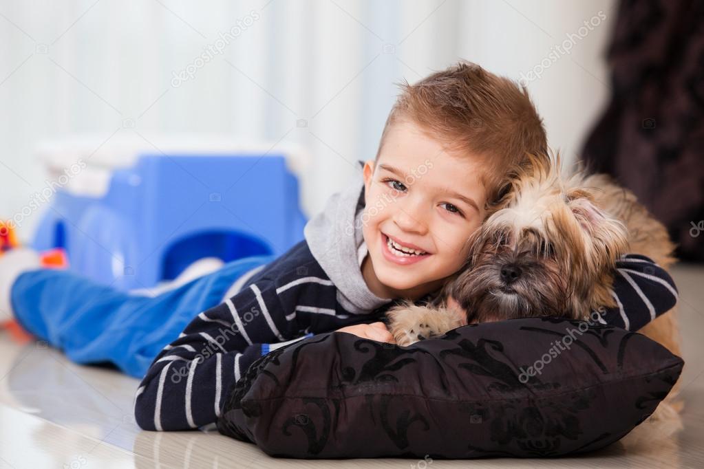 happy boy with dog