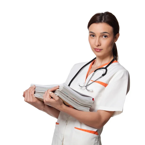 Medicine student carrying pile of files — Stock Photo, Image