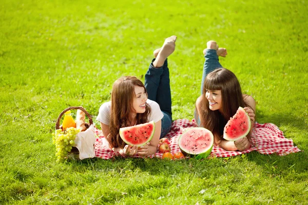 Due donne su un picnic con anguria Foto Stock Royalty Free