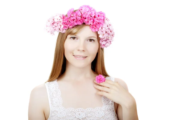 Beleza cara de mulher com flores — Fotografia de Stock