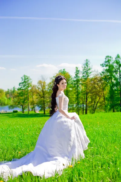 Bride on a field in the sunshine Stock Photo
