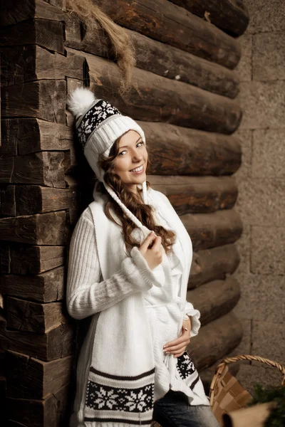 Smiling woman in the village barn — Stock Photo, Image