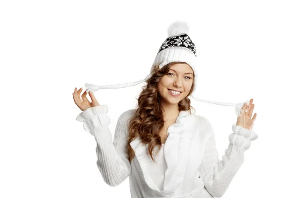 Winter lachende meisje op een witte achtergrond — Stockfoto