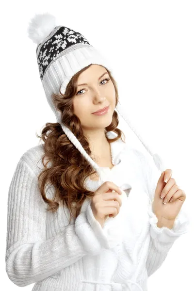 Winter smiling girl on a white background — Stock Photo, Image