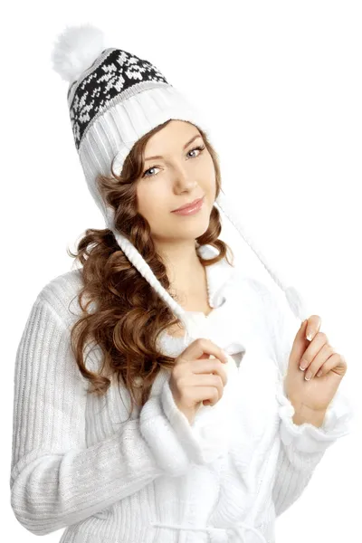 흰색 바탕에 겨울 웃는 소녀 스톡 사진