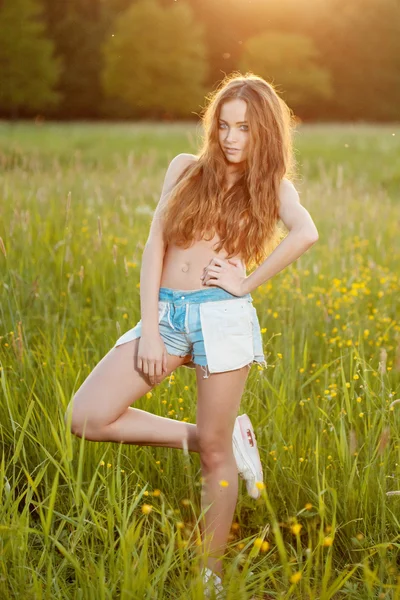 Mooie lachende vrouw in een veld bij zonsondergang Stockfoto