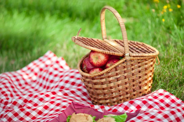 Cesta com maçãs ao ar livre na grama . — Fotografia de Stock