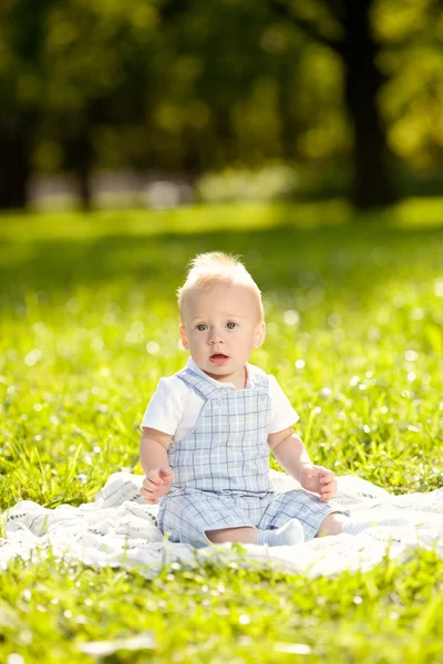 Lindo bebé en el parque en la hierba. Dulce bebé al aire libre. Sonriente niño emocional en un paseo. Sonrisa de un niño —  Fotos de Stock