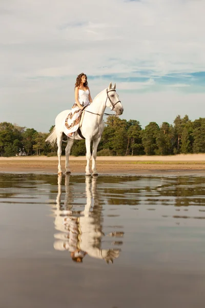 Young woman on a horse. Horseback rider, woman riding horse on b Stock Photo