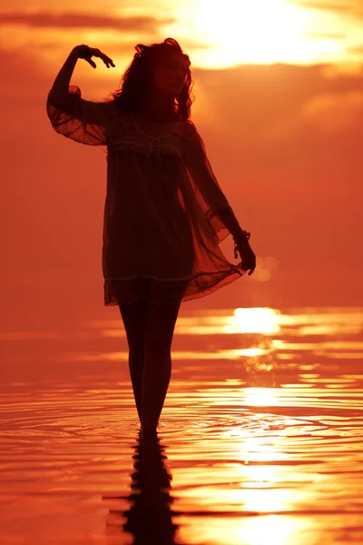 快乐自由的女人享受在海上日落。背着 图库图片