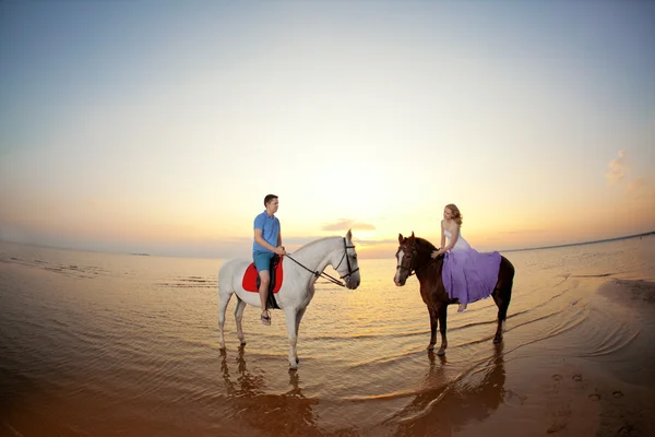 Dos jinetes a caballo al atardecer en la playa. Los amantes montan hors —  Fotos de Stock