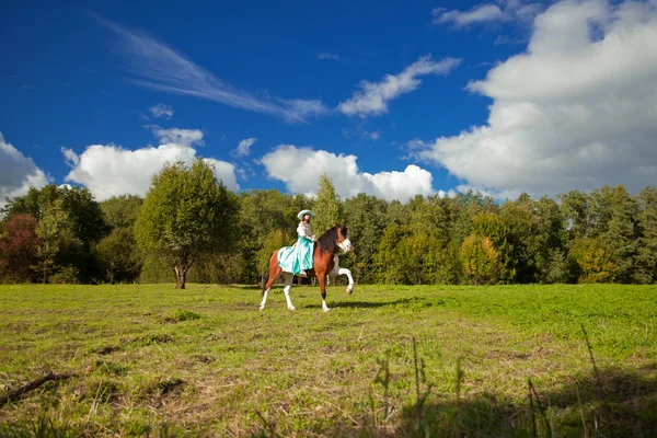 Vacker kvinna med en häst i fältet. flicka på en gård med en — Stockfoto