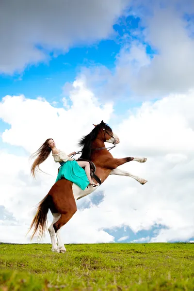 Mooie vrouw met een paard in het veld. meisje op een boerderij met een Rechtenvrije Stockfoto's