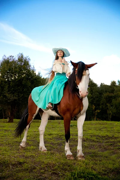 Mooie vrouw met een paard in het veld. meisje op een boerderij met een Stockafbeelding