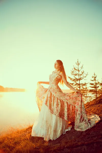 Mulher de luxo em uma floresta em um vestido vintage longo perto do lago . — Fotografia de Stock