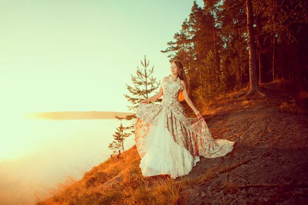 명품 여자 긴 빈티지 드레스 호수 근처의 숲에서. — 스톡 사진