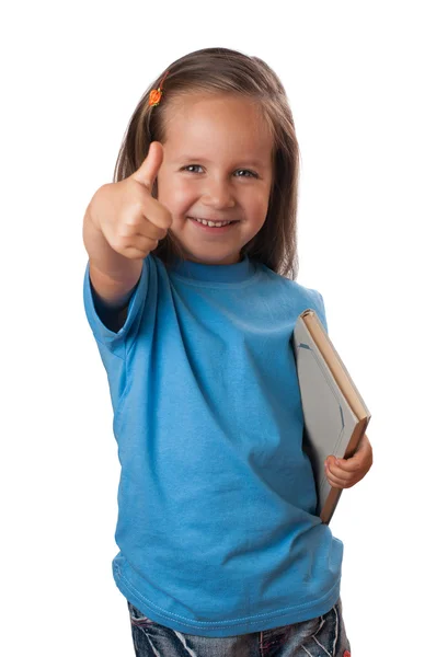 Menina com livro na mão dando polegar para cima. Isolados — Fotografia de Stock