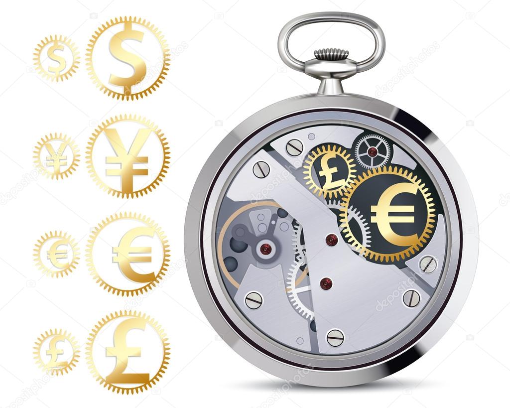 Stopwatch works with coins. Vector illustration