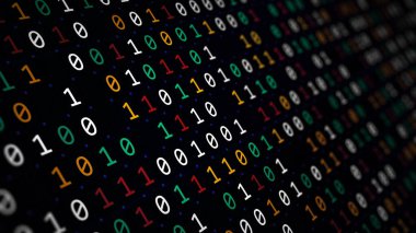 İkili kod teknolojisine dayanan arka planın 3 boyutlu yorumlanması. Dijital verileri hackleme ve virüslerden korumak. Kripto para birimi ile mali işlemler, bulut içinde bilgi depolama