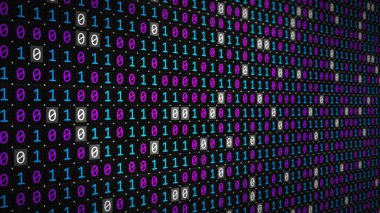 İkili kod teknolojisine dayanan arka planın 3 boyutlu yorumlanması. Dijital verileri hackleme ve virüslerden korumak. Kripto para birimi ile mali işlemler, bulut içinde bilgi depolama