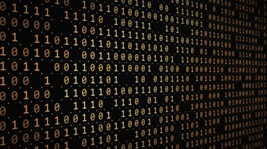 İkili kod teknolojisine dayanan arka planın 3 boyutlu yorumlanması. Dijital verileri hackleme ve virüslerden korumak. Kripto para birimi ile mali işlemler, bulut içinde bilgi depolama