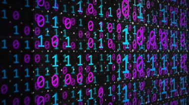 İkili kod teknolojisine dayanan arka planın 3 boyutlu yorumlanması. Dijital verileri hackleme ve virüslerden korumak. Kripto para birimi ile mali işlemler, bulut içinde bilgi depolama