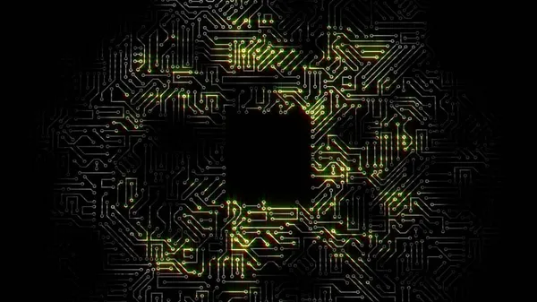 マイクロ回路の回路を通過する電気パルスの3Dレンダリング 背景はコンピュータボード上のエネルギー波に基づいています — ストック写真