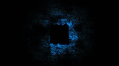 Mikro devre devrelerinden geçen 3 boyutlu bir elektrik dalgası. Arka plan bir bilgisayar panosundaki enerji dalgasına dayanıyor.