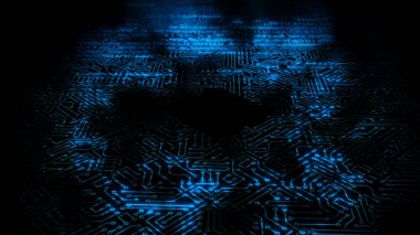 Mikro devre devrelerinden geçen 3 boyutlu bir elektrik dalgası. Arka plan bir bilgisayar panosundaki enerji dalgasına dayanıyor.