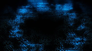 Mikro devre devrelerinden geçen 3 boyutlu bir elektrik dalgası. Arka plan bir bilgisayar panosundaki enerji dalgasına dayanıyor.