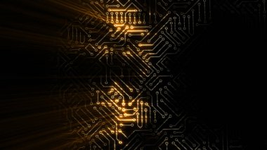 Mikro devre devrelerinden geçen 3 boyutlu bir elektrik dalgası. Arka plan bir bilgisayar panosundaki enerji dalgasına dayanıyor.