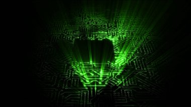 Mikro devre devrelerinden geçen 3 boyutlu bir elektrik dalgası. Arka plan bir bilgisayar panosundaki enerji dalgasına dayanıyor.