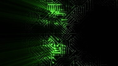 Mikro devre devrelerinden geçen 3 boyutlu bir elektrik dalgası. Arka plan bir bilgisayar panosundaki enerji dalgasına dayanıyor.