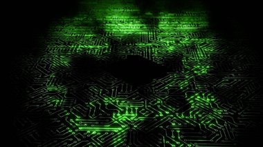 Mikro devre devrelerinden geçen 3 boyutlu bir elektrik dalgası. Arka plan bir bilgisayar panosundaki enerji dalgasına dayanıyor.