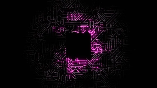 マイクロ回路の回路を通過する電気パルスの3Dレンダリング 背景はコンピュータボード上のエネルギー波に基づいています — ストック写真