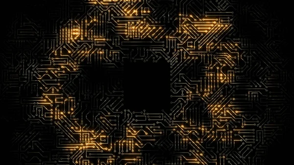 通过微电路的电脉冲的三维渲染 这个背景是基于电脑板上的能量波 — 图库照片