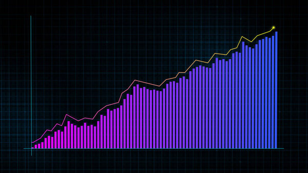 3D rendering of a growing line graph of a digital income growth chart, done in a tech style against a high tech grid background