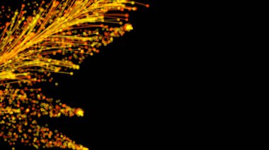 Siyah zemin üzerinde zarif parçacıklar bulunan 3 boyutlu şık parlak dallar. Büyülü muhteşem bitki örtüsü. Herhangi bir tasarım için mükemmel arkaplan ve öge