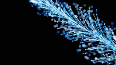 Siyah zemin üzerinde zarif parçacıklar olan üç boyutlu şık bir Noel aydınlığı sunumu. Büyülü muhteşem bitki örtüsü. Herhangi bir tasarım için mükemmel arkaplan ve öge