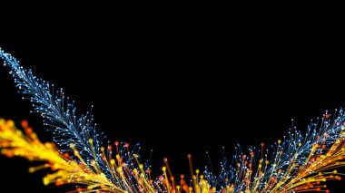 Siyah arka planda zarif bir şekilde büyüyen şık renkli dalların 3 boyutlu görüntüsü. Büyülü muhteşem bitki örtüsü. Herhangi bir tasarım için mükemmel arkaplan ve öge