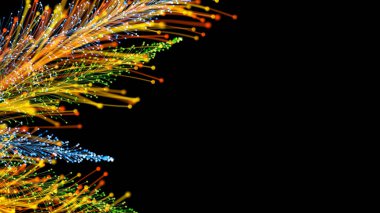 Siyah arka planda zarif bir şekilde büyüyen şık renkli dalların 3 boyutlu görüntüsü. Büyülü muhteşem bitki örtüsü. Herhangi bir tasarım için mükemmel arkaplan ve öge