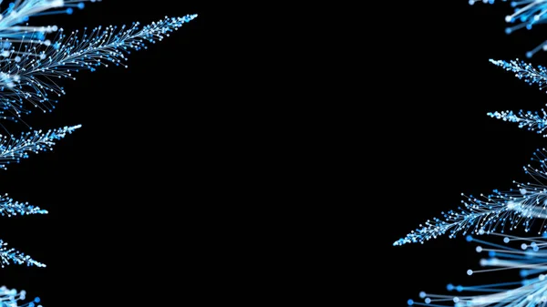 3D渲染时尚的圣诞明亮的分支在黑色的背景 形成一个优雅的框架 神奇神奇的植物 完美的背景和要素 — 图库照片