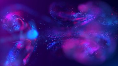 Uzayda çok renkli, enerjik, soyut parçacık bulutunun 3 boyutlu yansıması. Parlayan sıvı parçacıkları dinamik akış. Güzel Soyut Arkaplan. Geleceğin ışıltılı alan efekti
